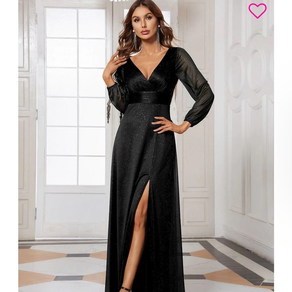 Ever Pretty Dresses & Skirts - Long, black, formal dress with sheer long sleeves and glittery fabric.